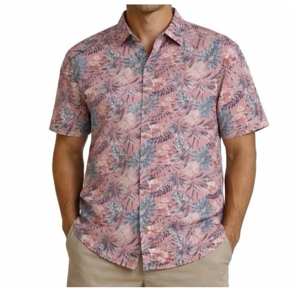IZOD Saltwater Dockside Shirt sz XL Pink Blue Tropical Floral Coastal Resortwear